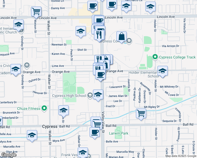 map of restaurants, bars, coffee shops, grocery stores, and more near 9535 Valley View Street in Cypress