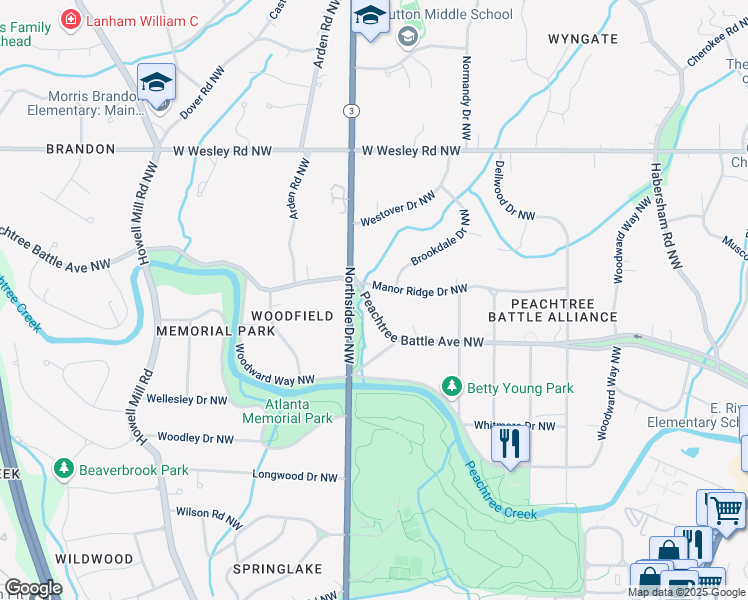 map of restaurants, bars, coffee shops, grocery stores, and more near 575 Peachtree Battle Avenue Northwest in Atlanta