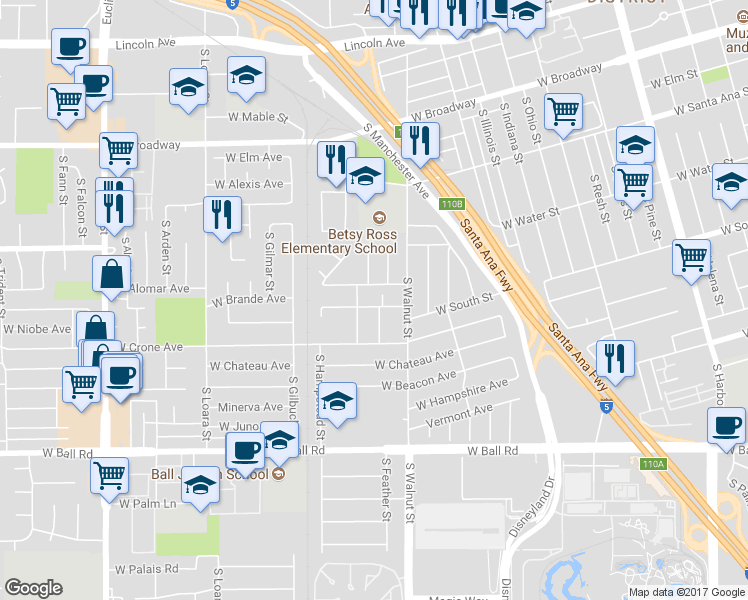 map of restaurants, bars, coffee shops, grocery stores, and more near 1305 West Damon Avenue in Anaheim
