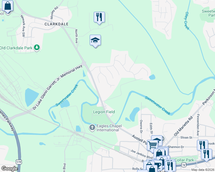 map of restaurants, bars, coffee shops, grocery stores, and more near 2105 Hydrangea Lane in Austell