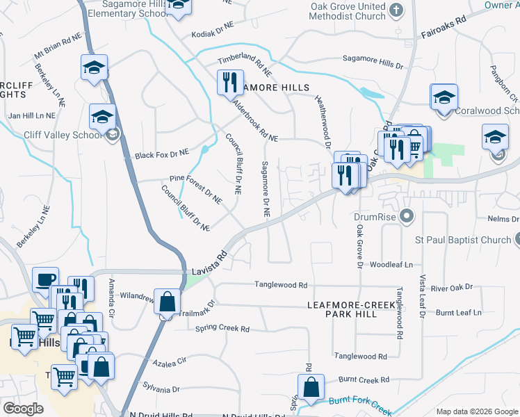 map of restaurants, bars, coffee shops, grocery stores, and more near 1475 Council Bluff Drive Northeast in Atlanta