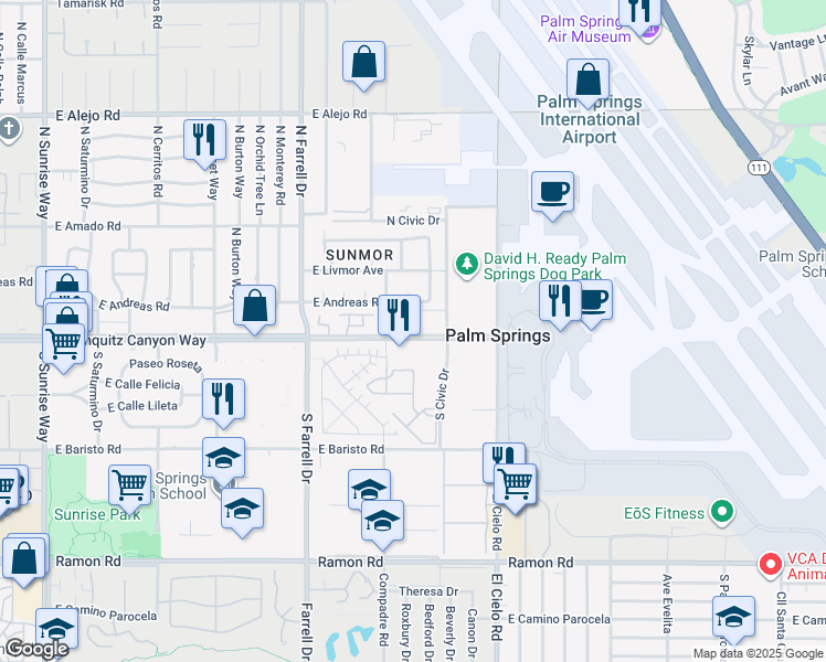 map of restaurants, bars, coffee shops, grocery stores, and more near 2900 East Tahquitz Canyon Way in Palm Springs