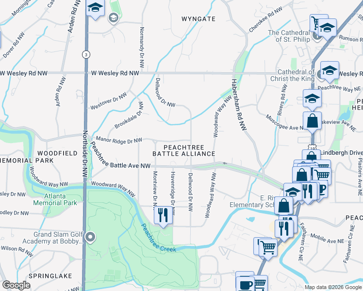 map of restaurants, bars, coffee shops, grocery stores, and more near 344 Manor Ridge Drive Northwest in Atlanta