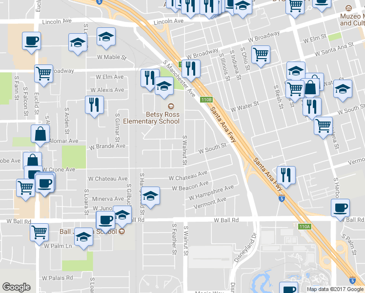 map of restaurants, bars, coffee shops, grocery stores, and more near 645 South Walnut Street in Anaheim