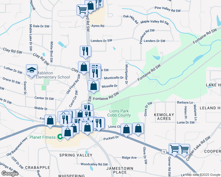 map of restaurants, bars, coffee shops, grocery stores, and more near 629 Moselle Drive in Mableton
