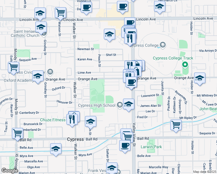 map of restaurants, bars, coffee shops, grocery stores, and more near 5784 Maxson Drive in Cypress