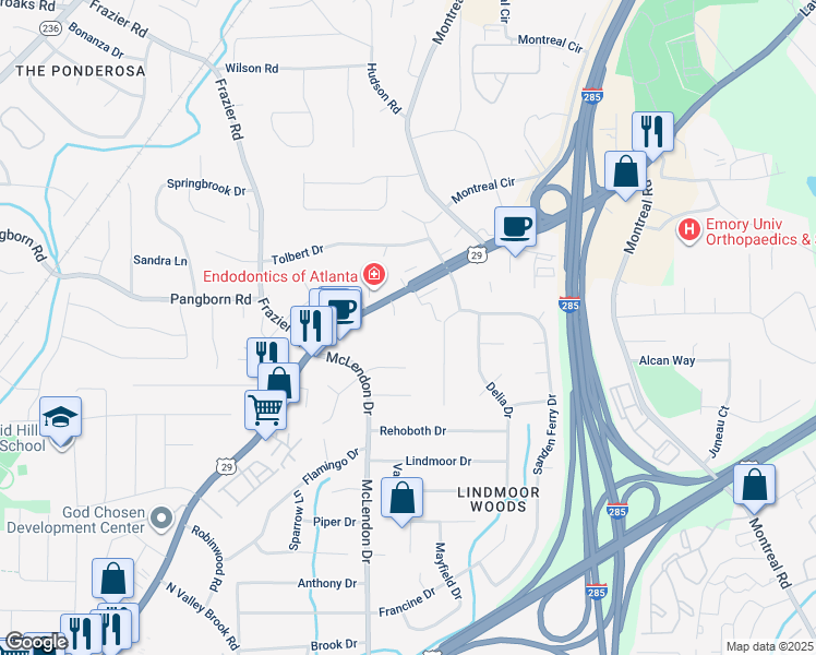 map of restaurants, bars, coffee shops, grocery stores, and more near 2711 Lawrenceville Highway in Decatur