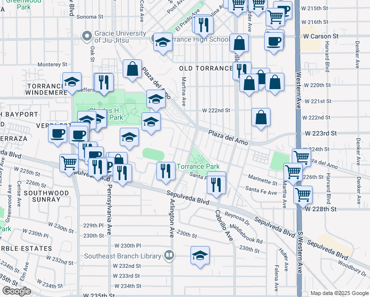 map of restaurants, bars, coffee shops, grocery stores, and more near 2043 Lincoln Avenue in Torrance