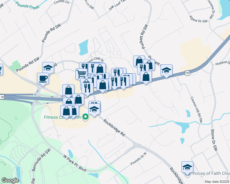 map of restaurants, bars, coffee shops, grocery stores, and more near 5200 U.S. 78 in Stone Mountain