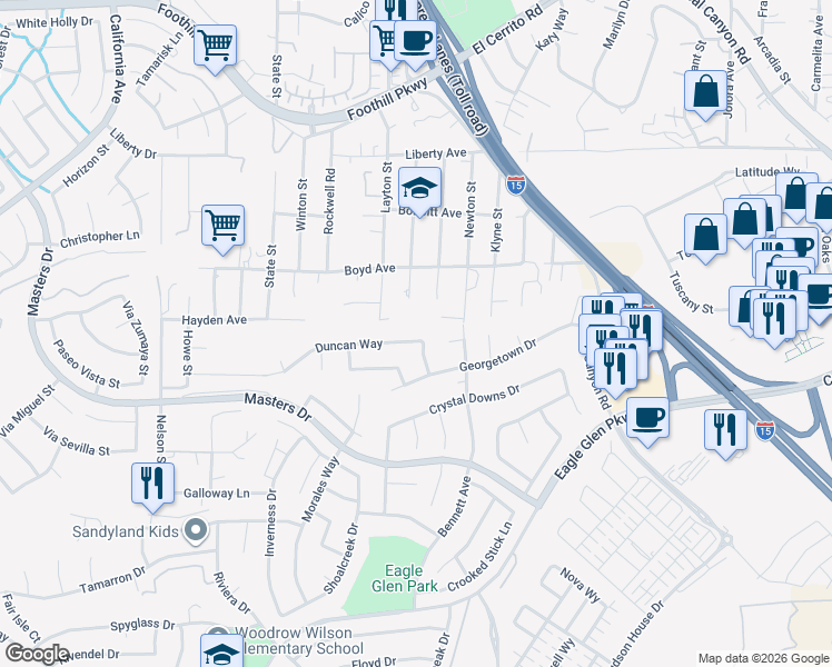 map of restaurants, bars, coffee shops, grocery stores, and more near 1895 Duncan Way in Corona