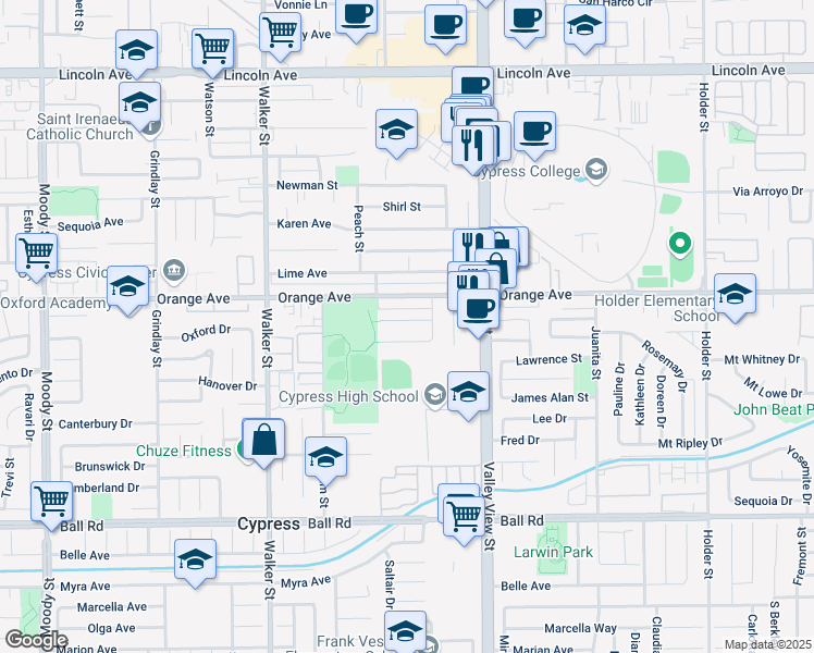 map of restaurants, bars, coffee shops, grocery stores, and more near 5784 Maxson Drive in Cypress