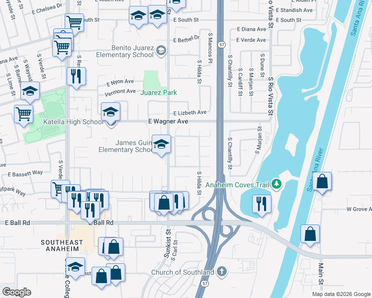 map of restaurants, bars, coffee shops, grocery stores, and more near 2534 East Norm Place in Anaheim