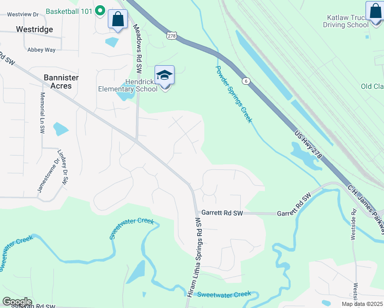 map of restaurants, bars, coffee shops, grocery stores, and more near 5394 Springbrook Lane Southwest in Powder Springs