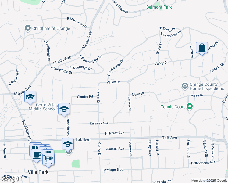 map of restaurants, bars, coffee shops, grocery stores, and more near 9571 James Circle in Villa Park