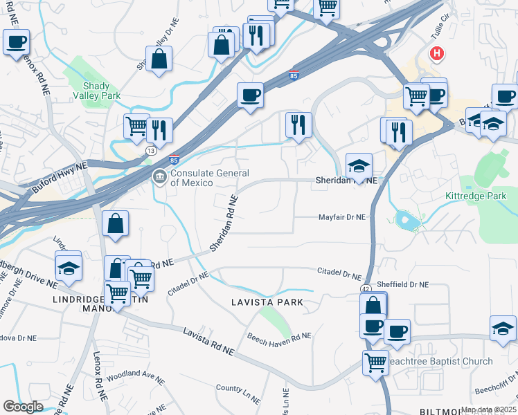 map of restaurants, bars, coffee shops, grocery stores, and more near 1438 Merriman Lane Northeast in Atlanta