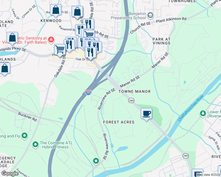 map of restaurants, bars, coffee shops, grocery stores, and more near 2259 Riverview Road Southeast in Mableton