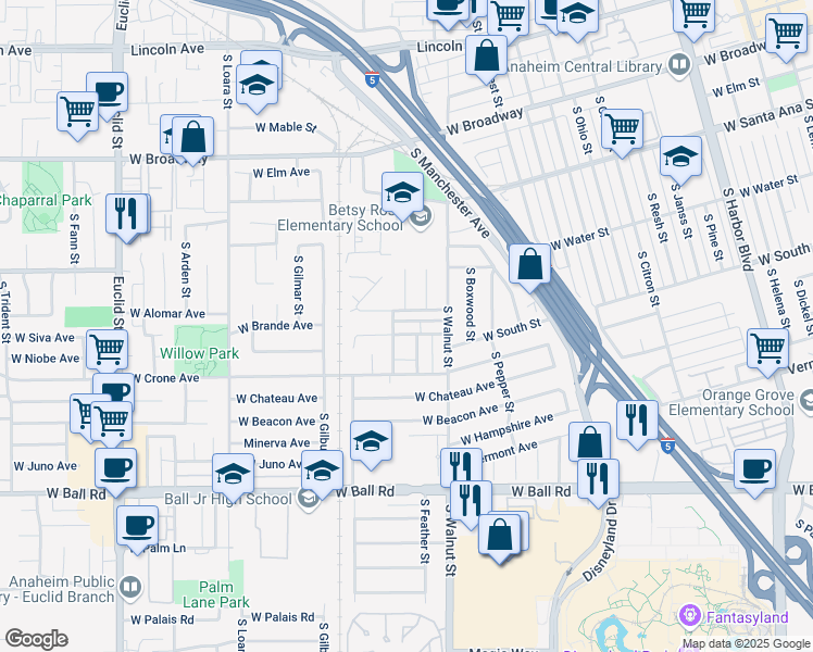 map of restaurants, bars, coffee shops, grocery stores, and more near 1305 West Damon Avenue in Anaheim
