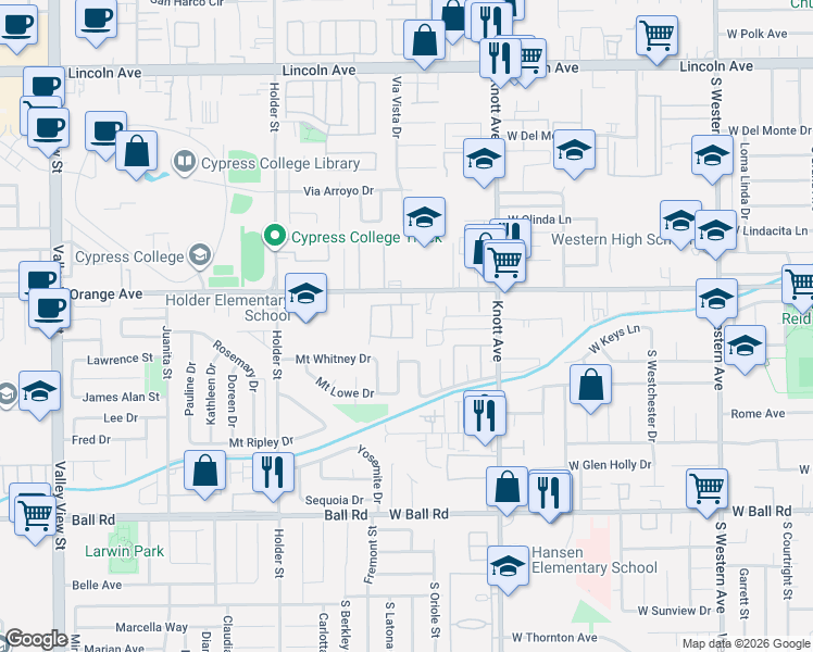 map of restaurants, bars, coffee shops, grocery stores, and more near 9542 Montanza Way in Buena Park