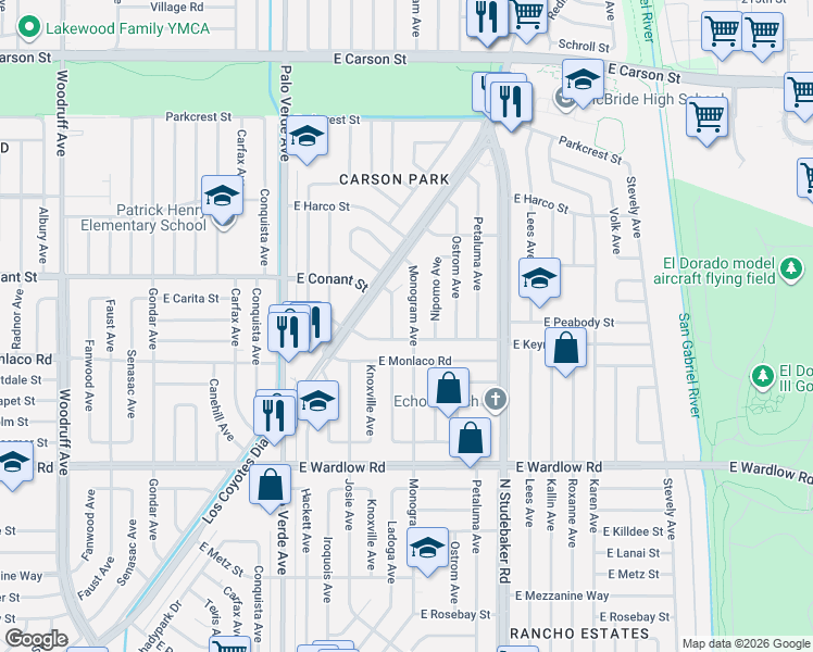 map of restaurants, bars, coffee shops, grocery stores, and more near 3618 Monogram Avenue in Long Beach