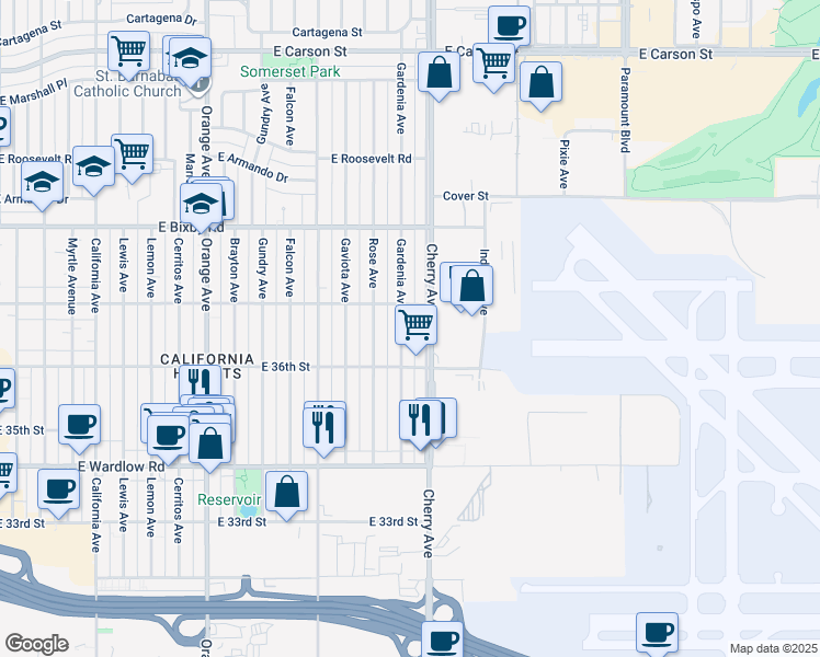 map of restaurants, bars, coffee shops, grocery stores, and more near 3636 Gardenia Avenue in Long Beach
