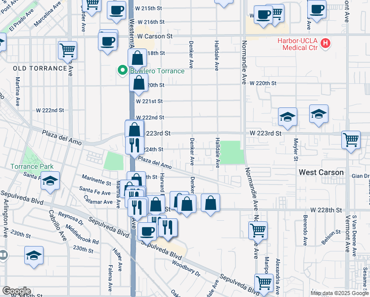 map of restaurants, bars, coffee shops, grocery stores, and more near 1515 1/2 West 224th Street in Torrance