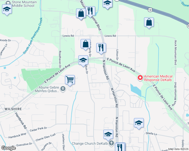 map of restaurants, bars, coffee shops, grocery stores, and more near 1486 Inverness Drive in Stone Mountain
