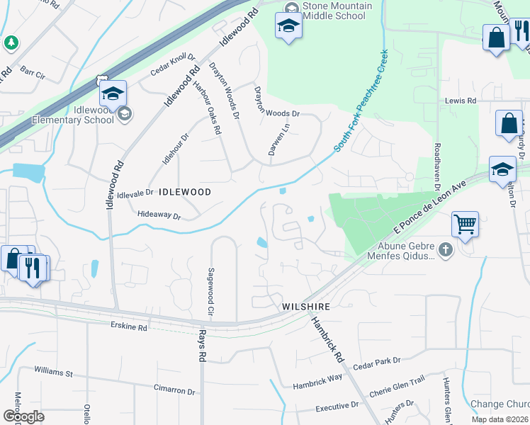 map of restaurants, bars, coffee shops, grocery stores, and more near 1412 Orchard Park Drive in Stone Mountain