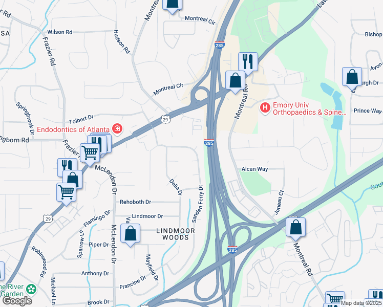 map of restaurants, bars, coffee shops, grocery stores, and more near 1464 Sanden Ferry Drive in Decatur