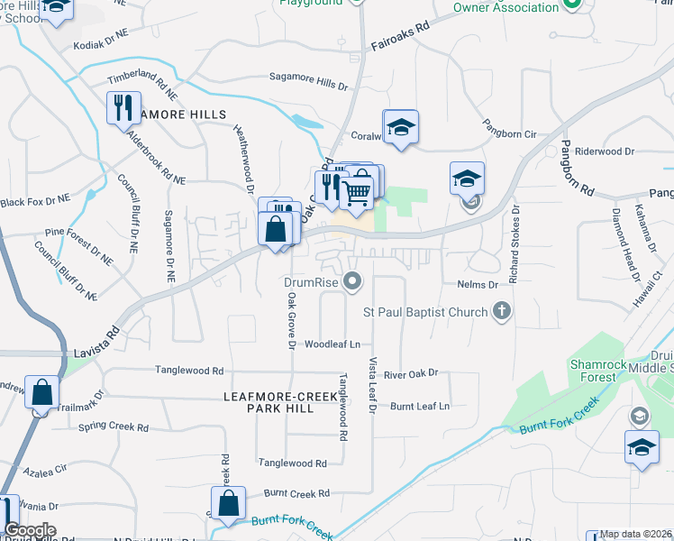map of restaurants, bars, coffee shops, grocery stores, and more near 1466 Leafmore Place in Decatur