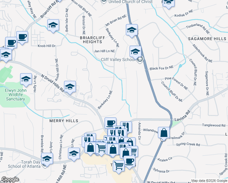 map of restaurants, bars, coffee shops, grocery stores, and more near 1467 Berkeley Lane Northeast in Atlanta