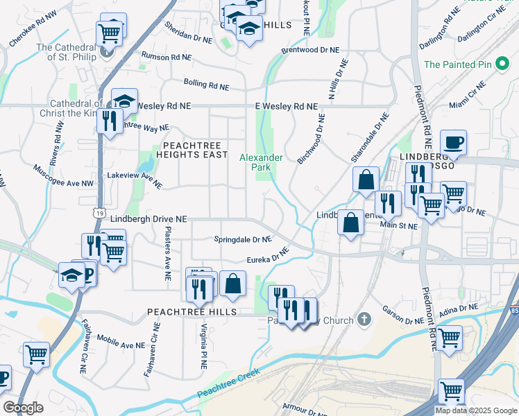 map of restaurants, bars, coffee shops, grocery stores, and more near 2506 Parkdale Place Northeast in Atlanta