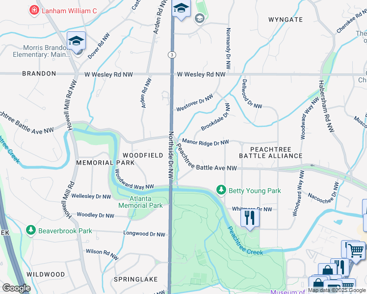 map of restaurants, bars, coffee shops, grocery stores, and more near 575 Peachtree Battle Avenue Northwest in Atlanta