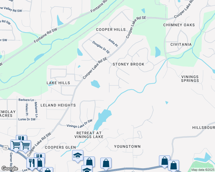 map of restaurants, bars, coffee shops, grocery stores, and more near 5340 Saint Martins Court Southeast in Mableton