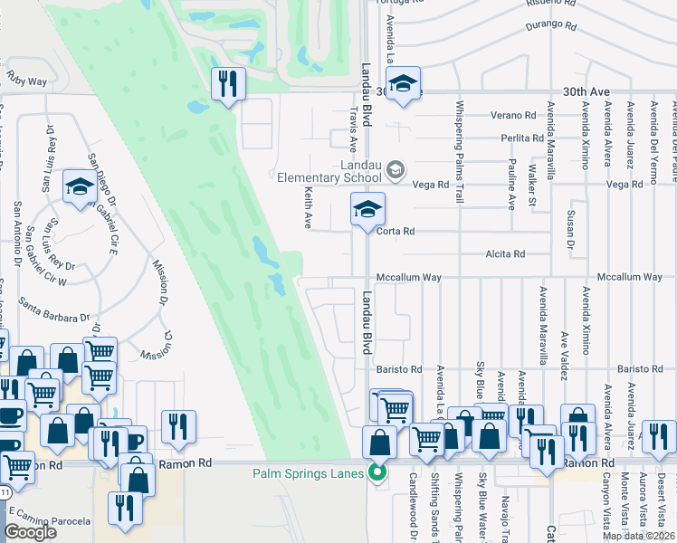 map of restaurants, bars, coffee shops, grocery stores, and more near 67892 Mccallum Way in Cathedral City