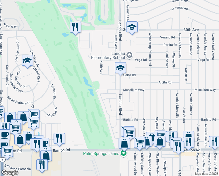 map of restaurants, bars, coffee shops, grocery stores, and more near 67892 Mccallum Way in Cathedral City