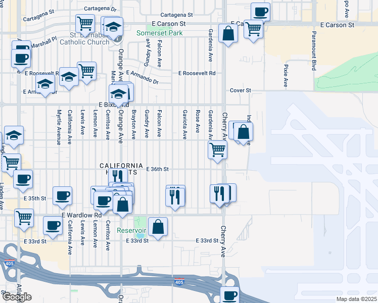 map of restaurants, bars, coffee shops, grocery stores, and more near 3639 Rose Avenue in Long Beach