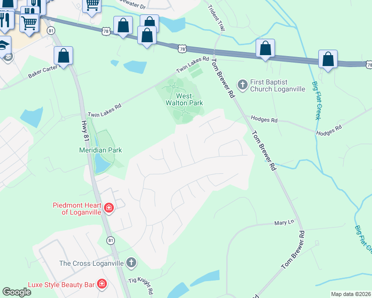 map of restaurants, bars, coffee shops, grocery stores, and more near 711 Ashley Wilkes Way in Loganville