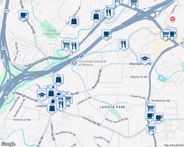 map of restaurants, bars, coffee shops, grocery stores, and more near 1097 Sheridan Park Northeast in Atlanta