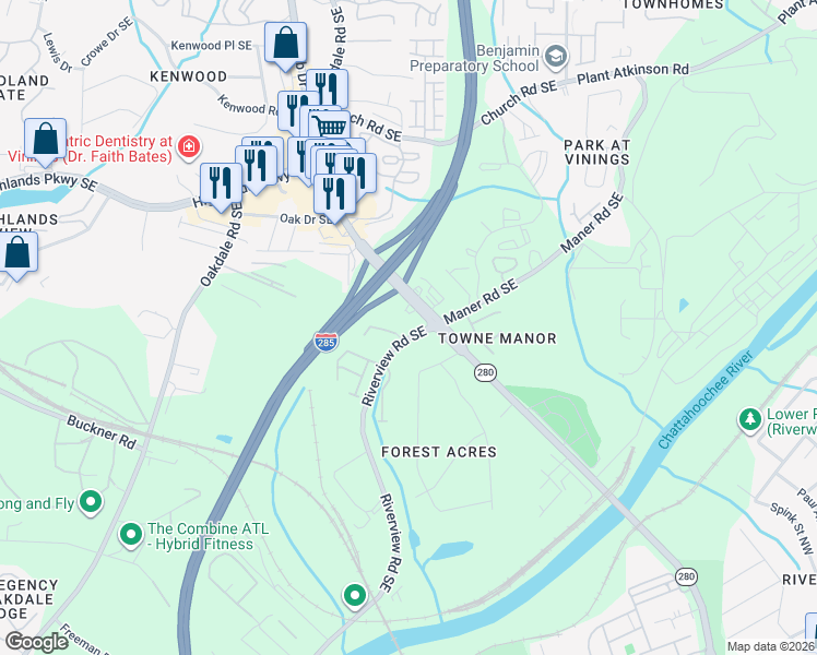 map of restaurants, bars, coffee shops, grocery stores, and more near 2259 Riverview Road Southeast in Mableton
