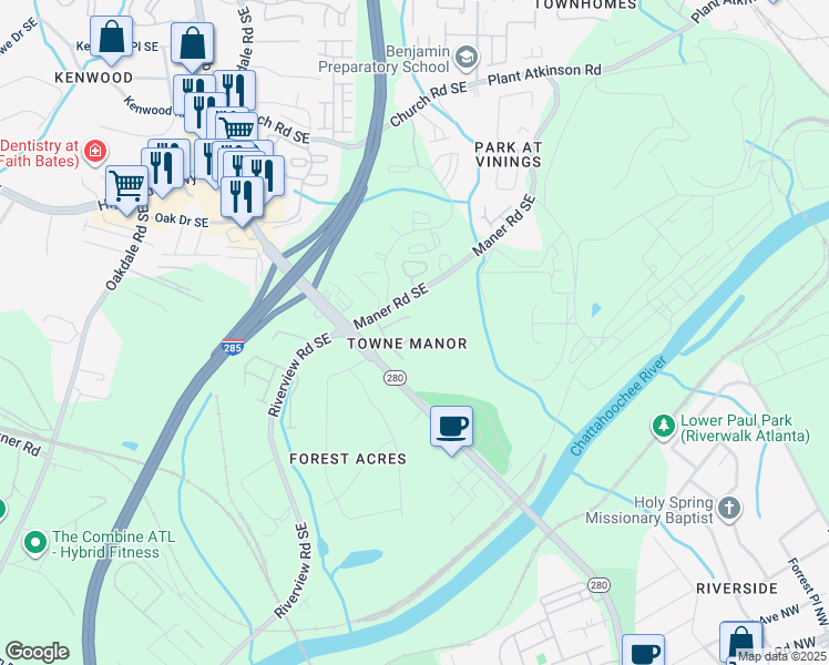 map of restaurants, bars, coffee shops, grocery stores, and more near 2375 Towneview Court Southeast in Atlanta