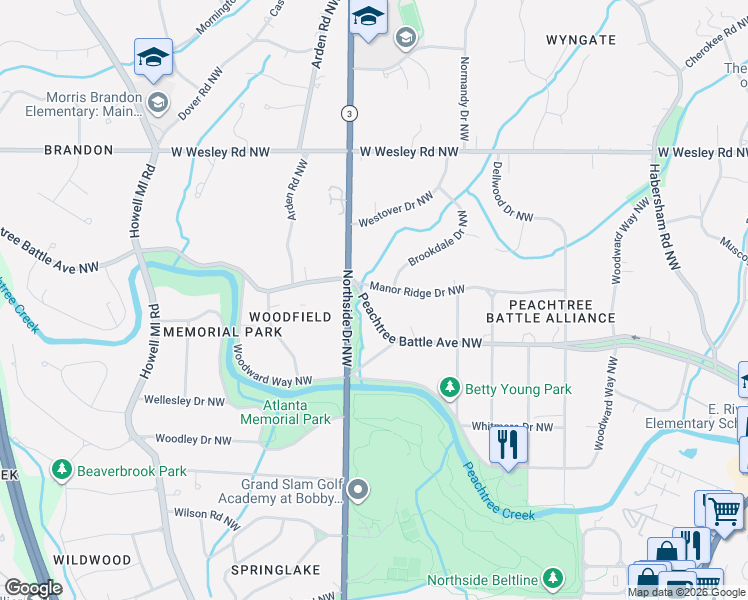 map of restaurants, bars, coffee shops, grocery stores, and more near 575 Peachtree Battle Avenue Northwest in Atlanta