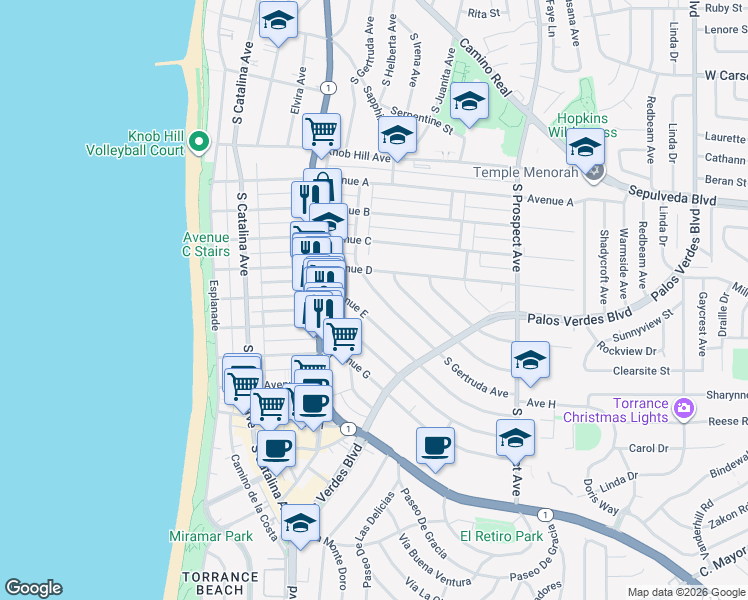 map of restaurants, bars, coffee shops, grocery stores, and more near 1215 South Gertruda Avenue in Redondo Beach
