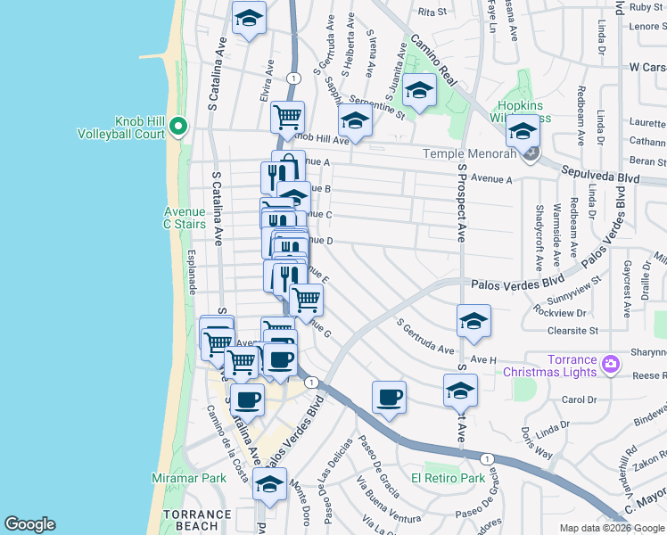 map of restaurants, bars, coffee shops, grocery stores, and more near 1215 South Gertruda Avenue in Redondo Beach