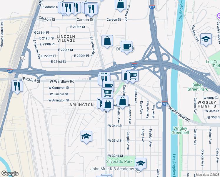 map of restaurants, bars, coffee shops, grocery stores, and more near 1612 West Cameron Street in Long Beach