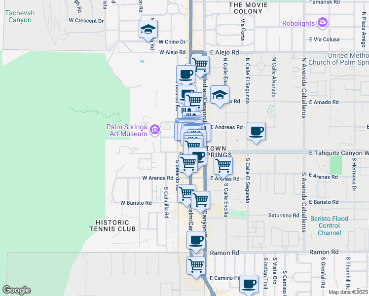 map of restaurants, bars, coffee shops, grocery stores, and more near 101 North Palm Canyon Drive in Palm Springs