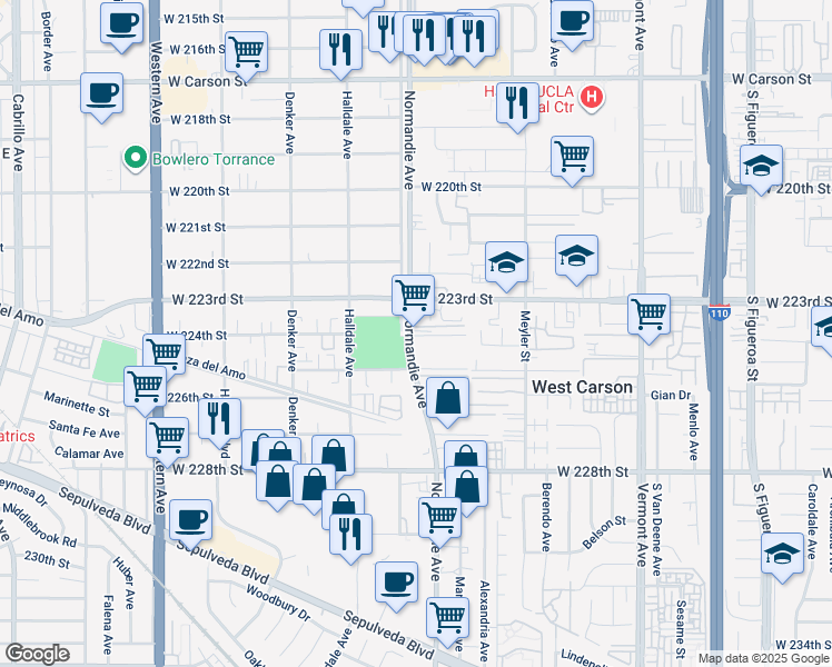 map of restaurants, bars, coffee shops, grocery stores, and more near 22332 Normandie Avenue in Torrance