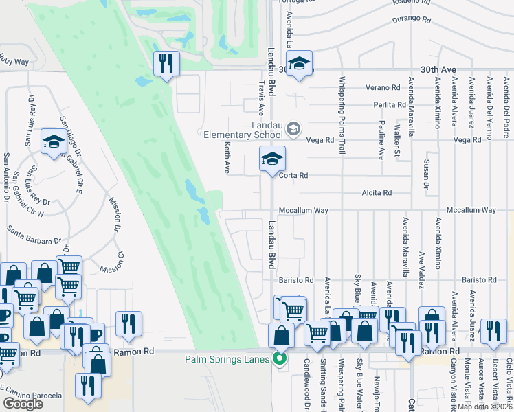map of restaurants, bars, coffee shops, grocery stores, and more near 67892 Mccallum Way in Cathedral City