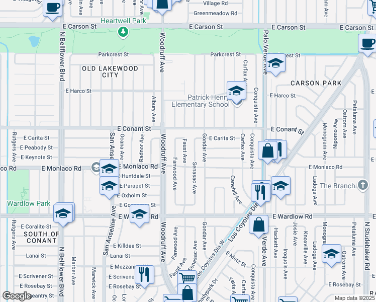 map of restaurants, bars, coffee shops, grocery stores, and more near 3640 Faust Avenue in Long Beach