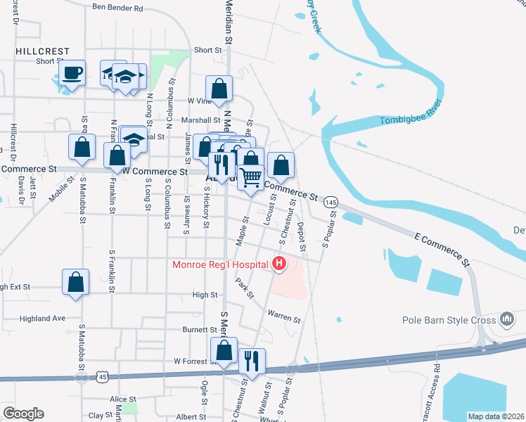 map of restaurants, bars, coffee shops, grocery stores, and more near 201 East Washington Street in Aberdeen