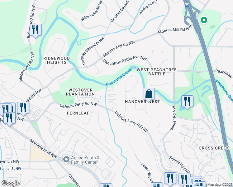 map of restaurants, bars, coffee shops, grocery stores, and more near 6 Walnut Hill Place Northwest in Atlanta